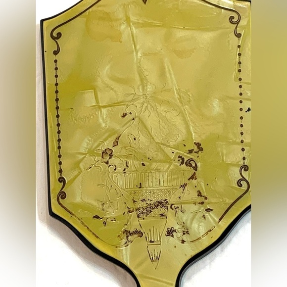 Vintage Beveled Vanity Hand Mirror Yellow Celluloid Art Deco Victorian - Picture 6 of 8
